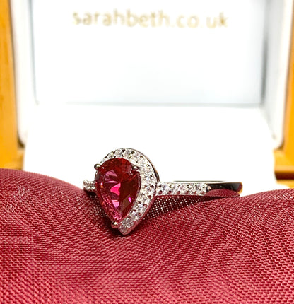 Large bright red and white cubic zirconia pear shaped cluster dress cocktail ring