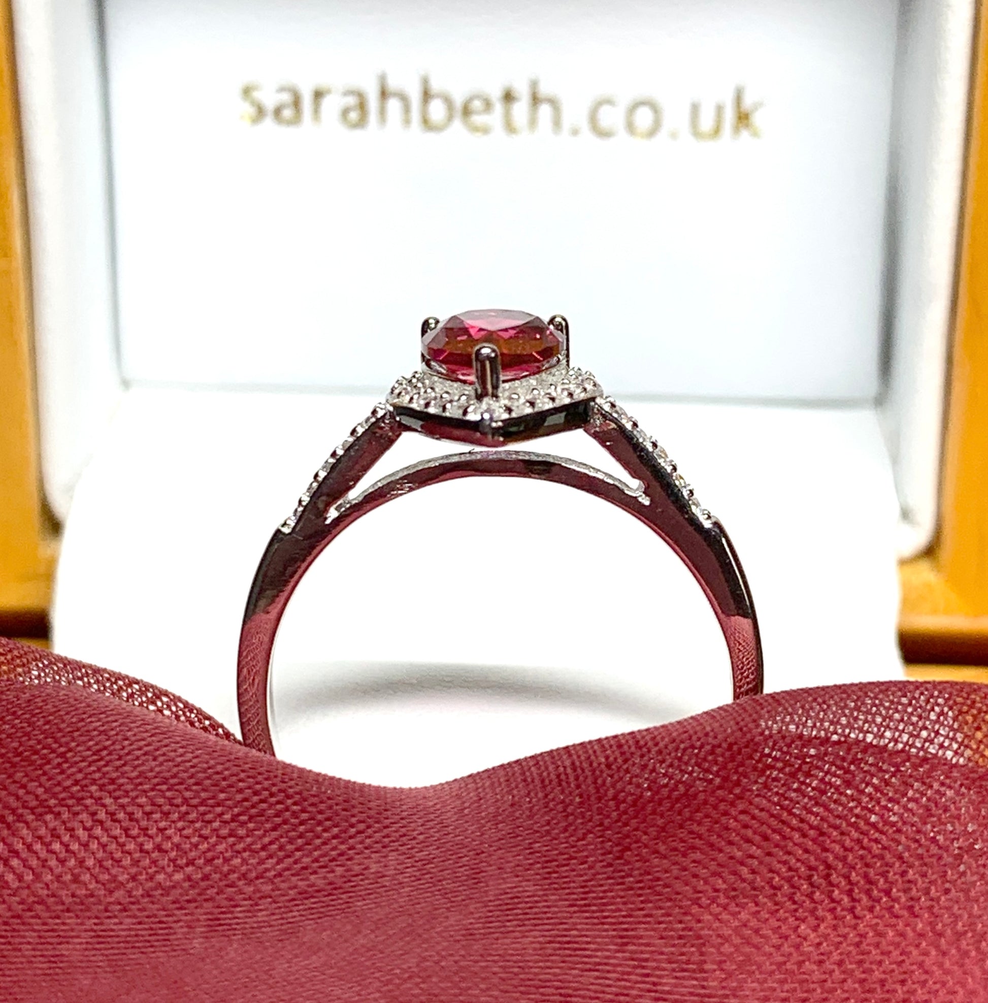 Large bright red and white cubic zirconia pear shaped cluster dress cocktail ring
