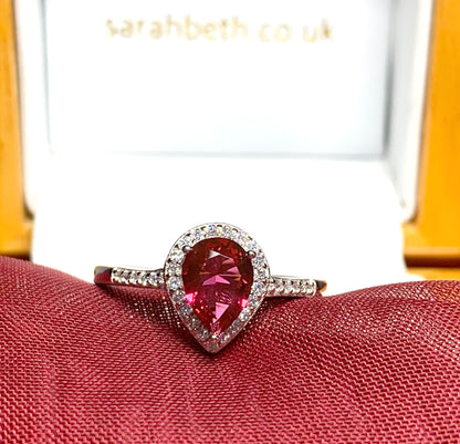 Large bright red and white cubic zirconia pear shaped cluster dress cocktail ring