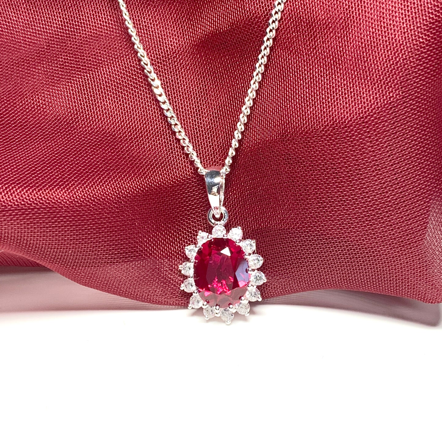 Large pendant bright ruby red and white cubic zirconia oval cluster dress cocktail necklace