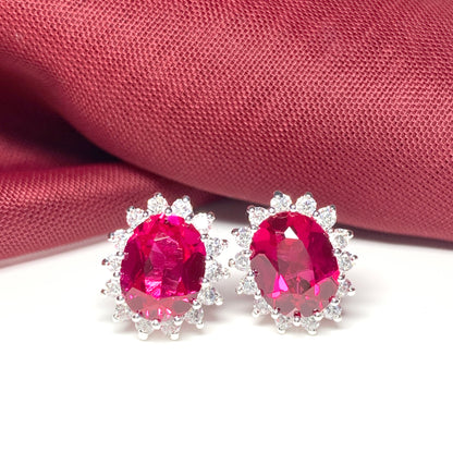 Large bright ruby red and white cubic zirconia oval cluster dress cocktail stud earrings