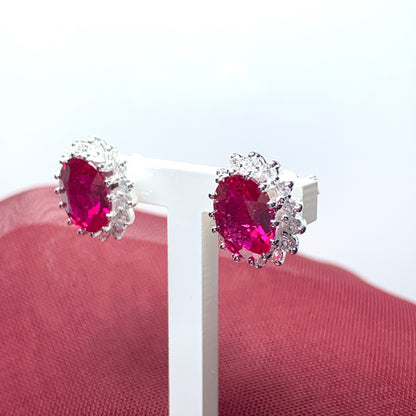 Large bright ruby red and white cubic zirconia oval cluster dress cocktail stud earrings