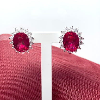 Large bright ruby red and white cubic zirconia oval cluster dress cocktail stud earrings