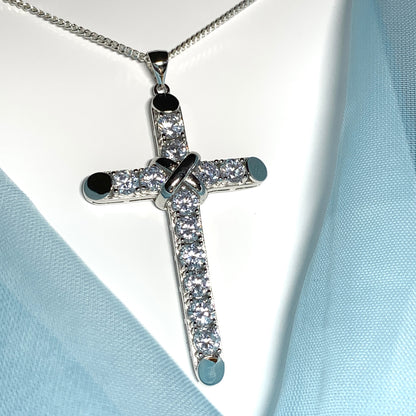 Large cubic zirconia set fancy sterling silver cross