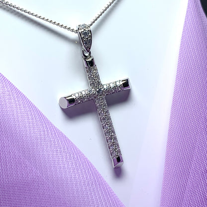 Large cubic zirconia set fancy sterling silver cross