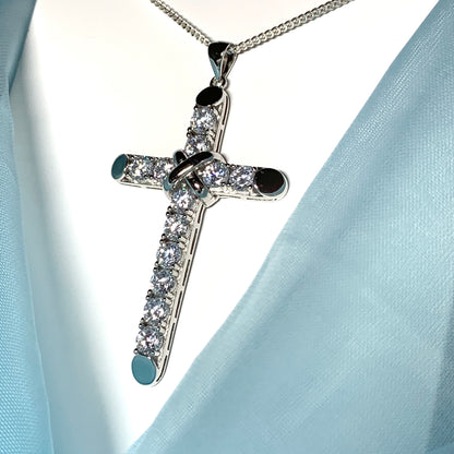 Large cubic zirconia set fancy sterling silver cross