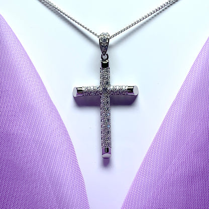 Large cubic zirconia set fancy sterling silver cross