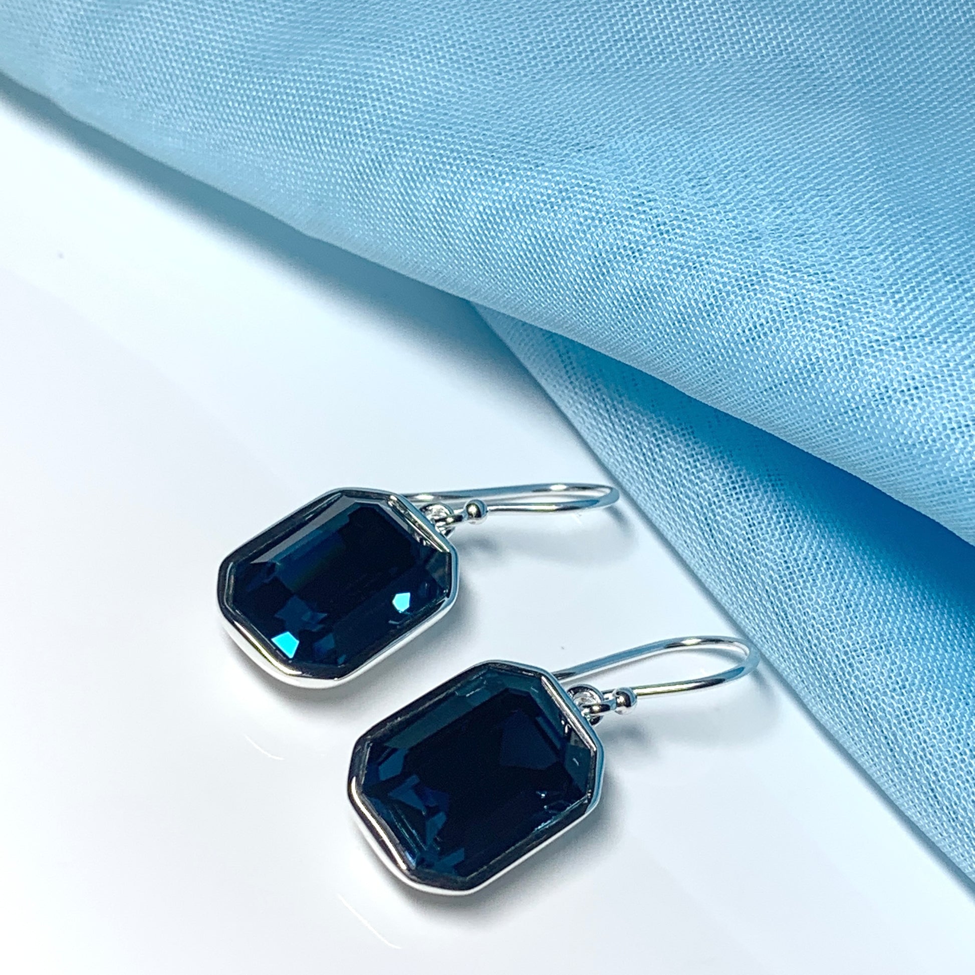 Large deep blue crystal octagonal drop earrings