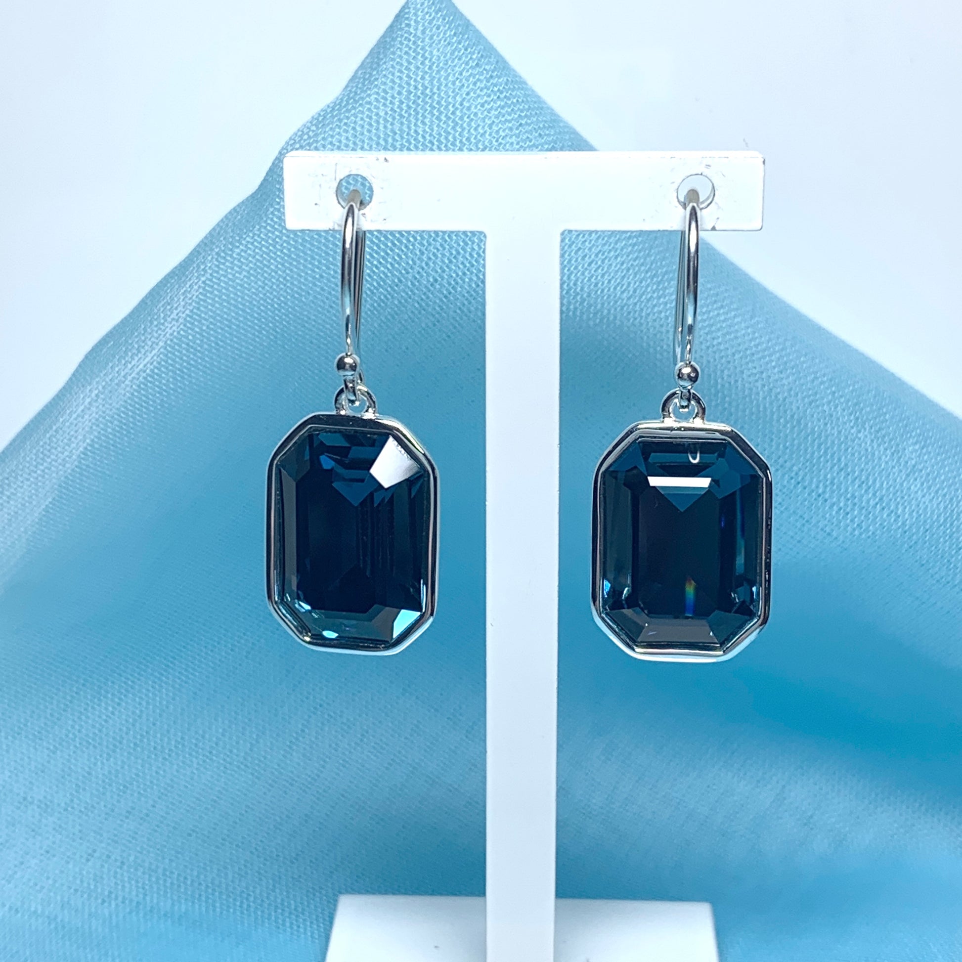 Large deep blue crystal octagonal drop earrings
