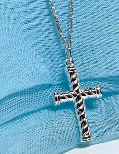 Large diamond cut cross patterned sterling silver and chain