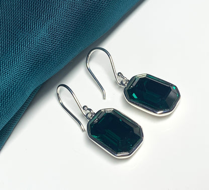 Large emerald green crystal octagonal drop earrings