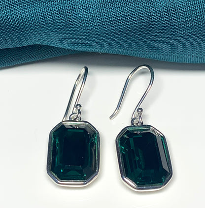 Large emerald green crystal octagonal drop earrings