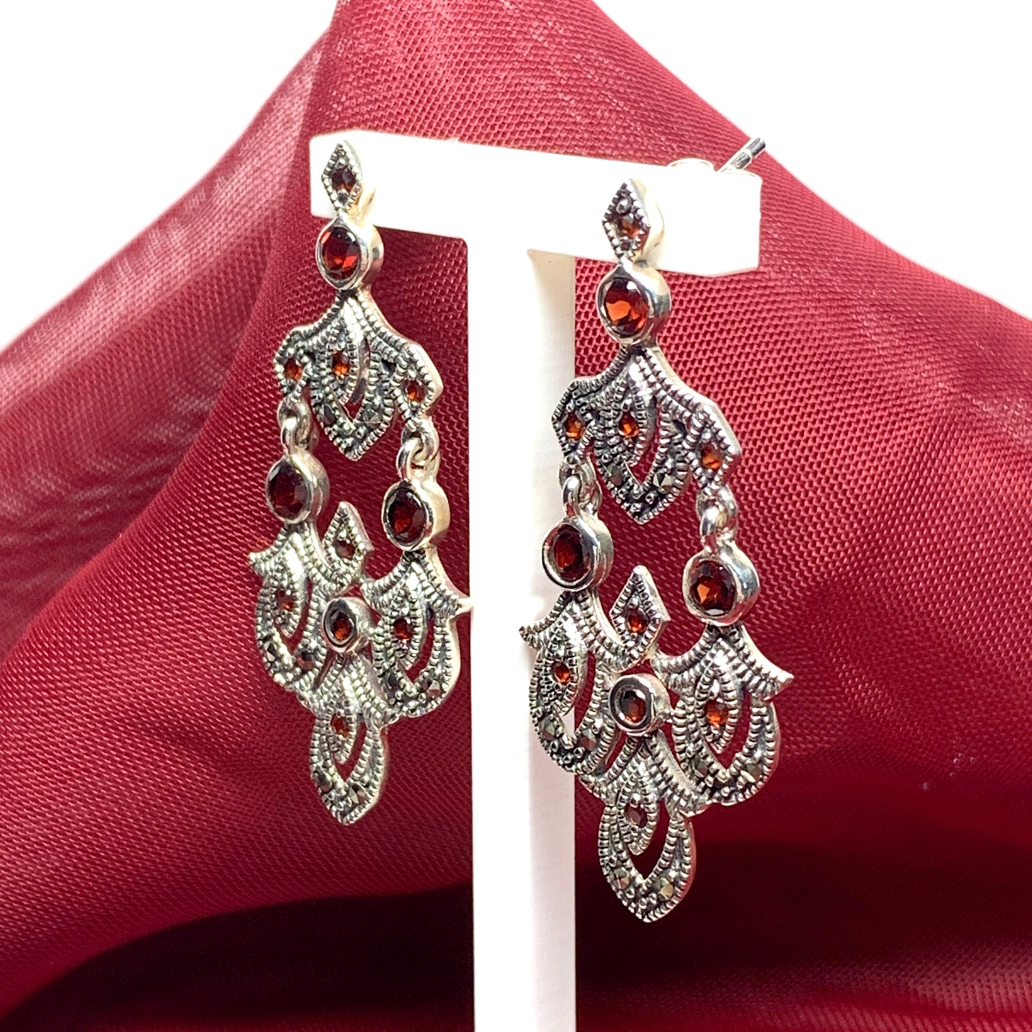 Large garnet marcasite drop earrings sterling silver.JPEG