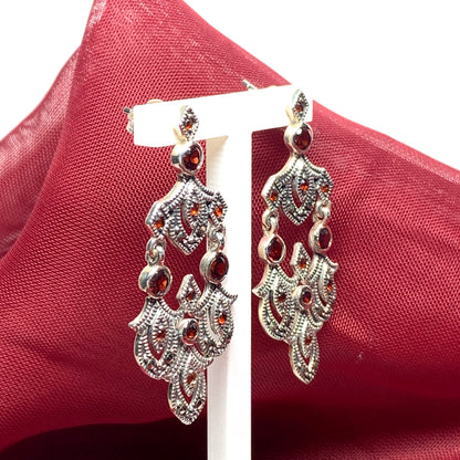 Large garnet marcasite drop earrings sterling silver.JPEG