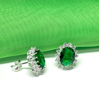 Large bright green and white cubic zirconia oval cluster dress cocktail stud earrings