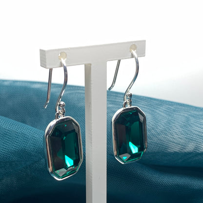 Large emerald green crystal octagonal drop earrings