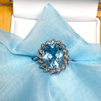 Large oval blue topaz and diamond sterling silver cluster ring