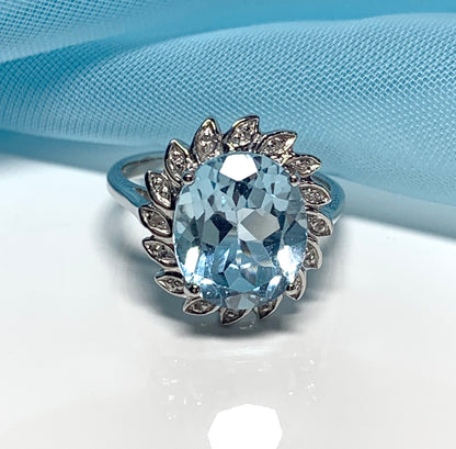 Large oval blue topaz and diamond sterling silver cluster ring