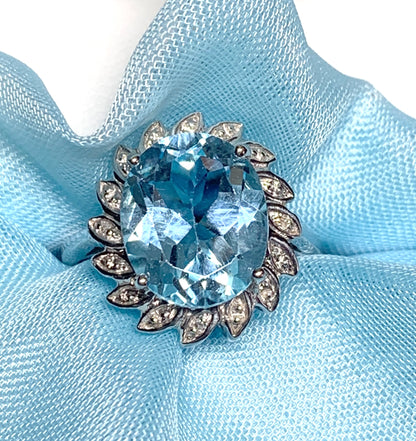 Large oval blue topaz and diamond sterling silver cluster ring