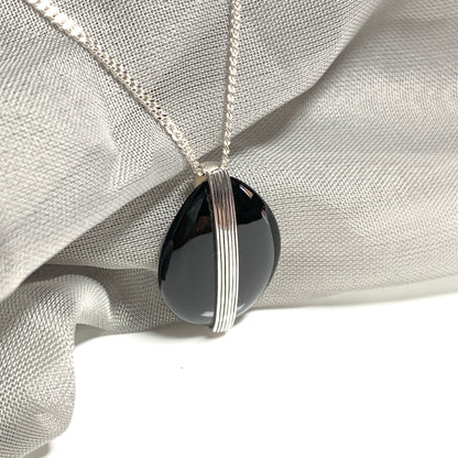 Large pear shaped  black sterling silver onyx necklace