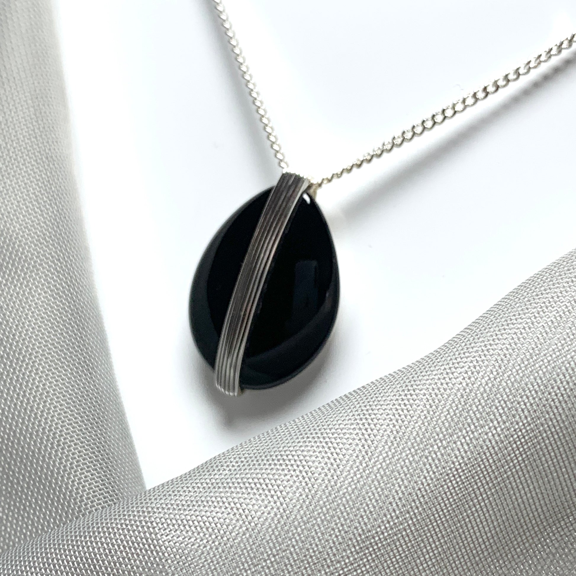 Large pear shaped  black sterling silver onyx necklace