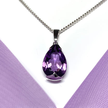 Large pear shaped purple amethyst white gold necklace