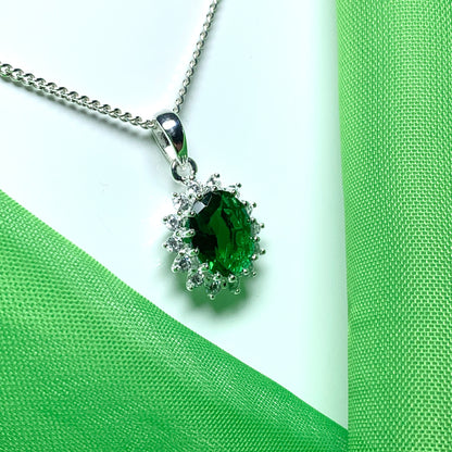 Large pendant bright green and white cubic zirconia oval cluster dress cocktail necklace