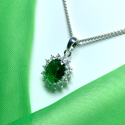 Large pendant bright green and white cubic zirconia oval cluster dress cocktail necklace