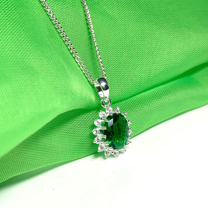 Large pendant bright green and white cubic zirconia oval cluster dress cocktail necklace