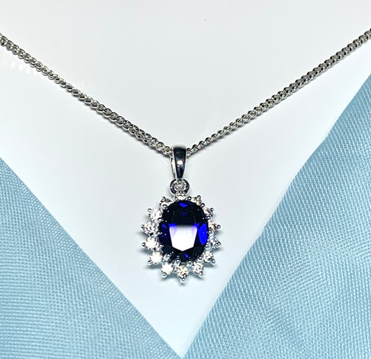 Large necklace deep sapphire blue white cubic zirconia oval cluster