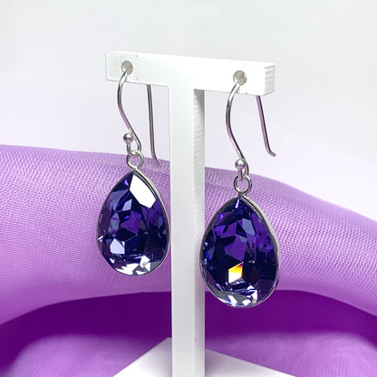 Large purple crystal drop earrings pear teardrop