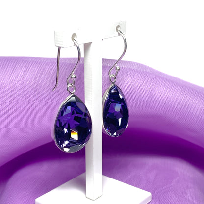 Large purple crystal drop earrings pear teardrop