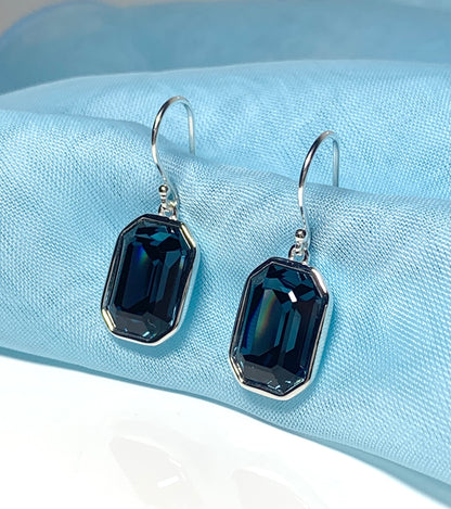 Large deep blue crystal octagonal drop earrings