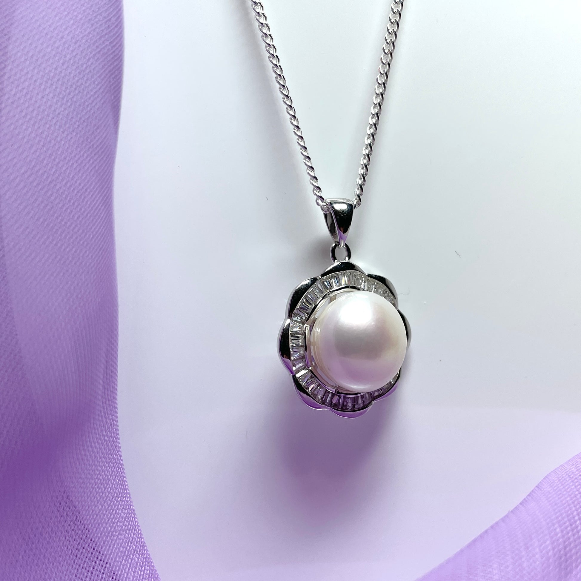 Large real freshwater pearl flower petal sterling silver round necklace pendant