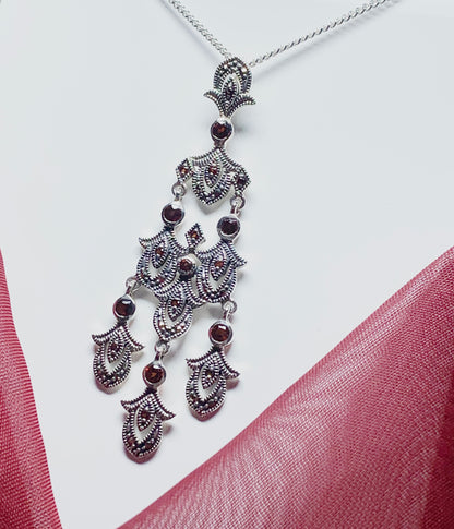 Large real garnet and marcasite long open pierced silver necklace