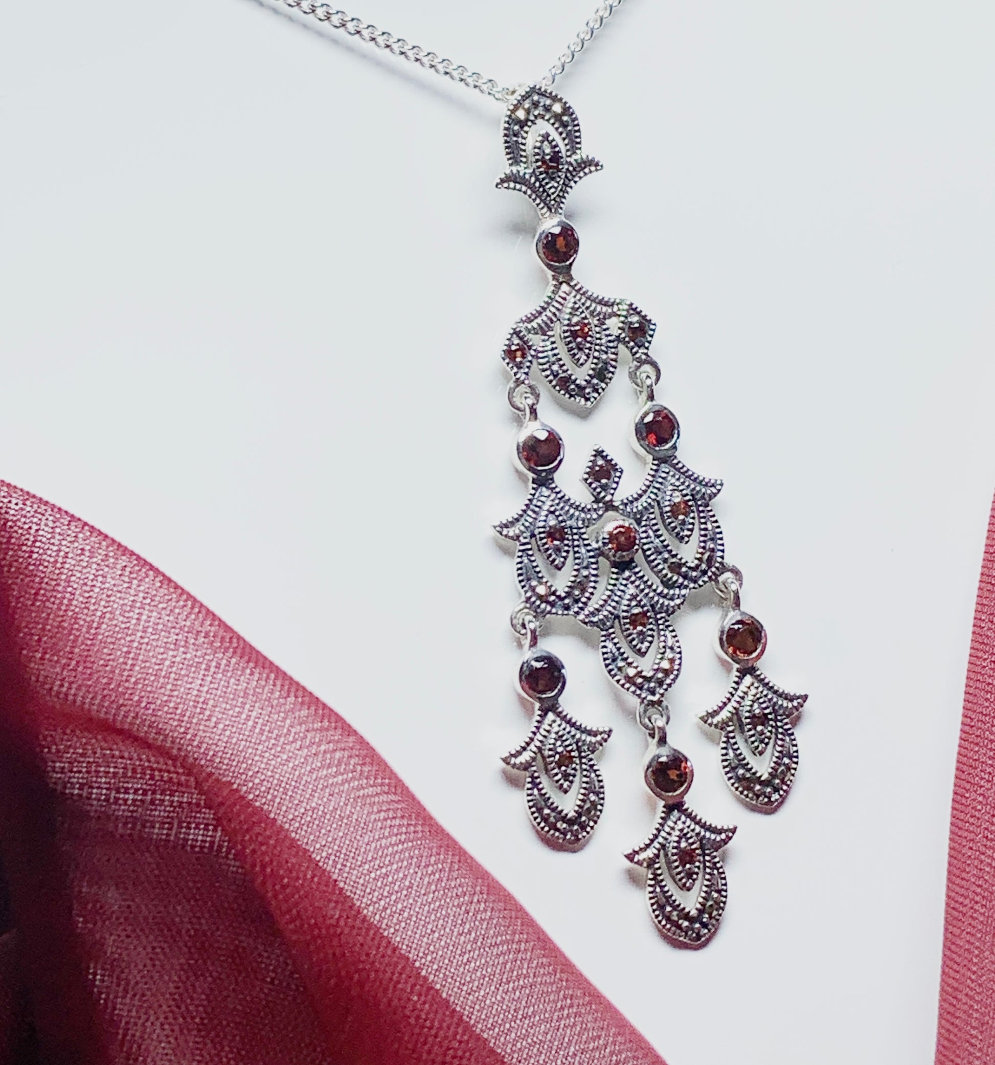 Large real garnet and marcasite long open pierced silver necklace