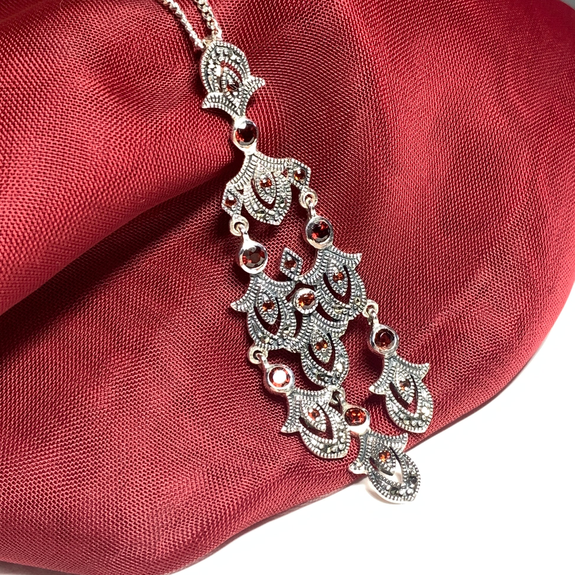 Large real garnet and marcasite long open pierced silver necklace