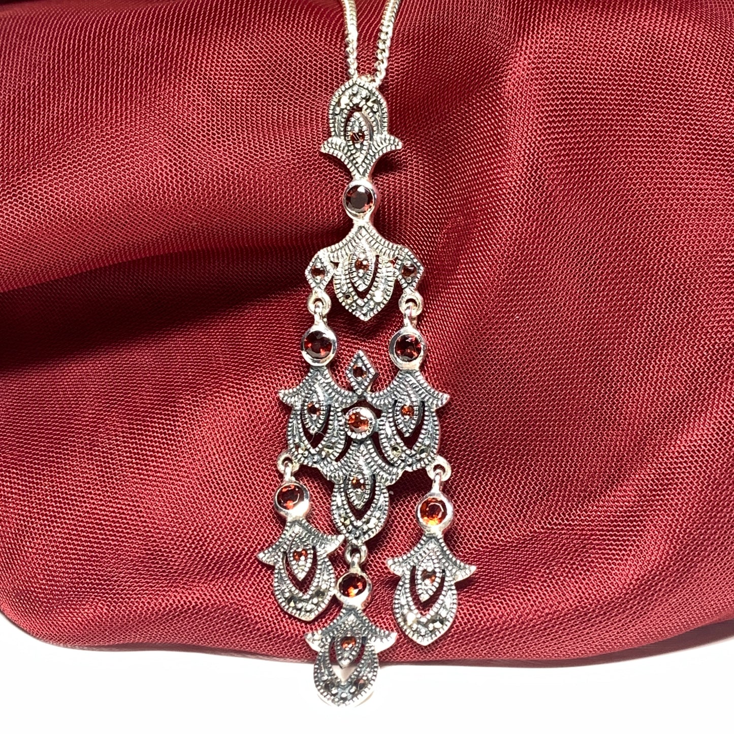 Large real garnet and marcasite long open pierced silver necklace