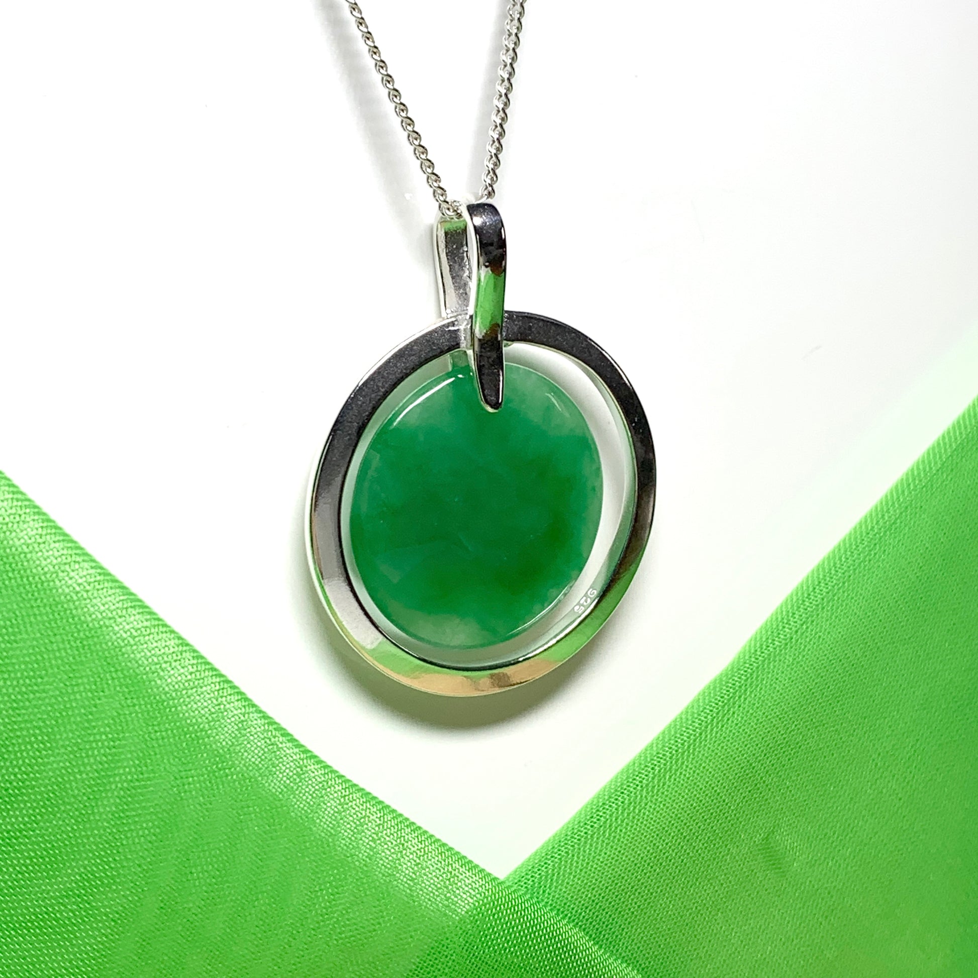 Large real jade pendant necklace sterling silver round shaped green halo designed