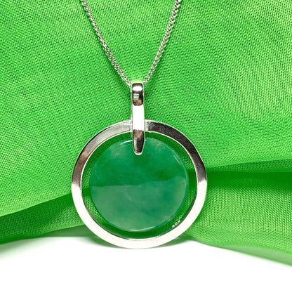 Large real jade pendant necklace sterling silver round shaped green halo designed