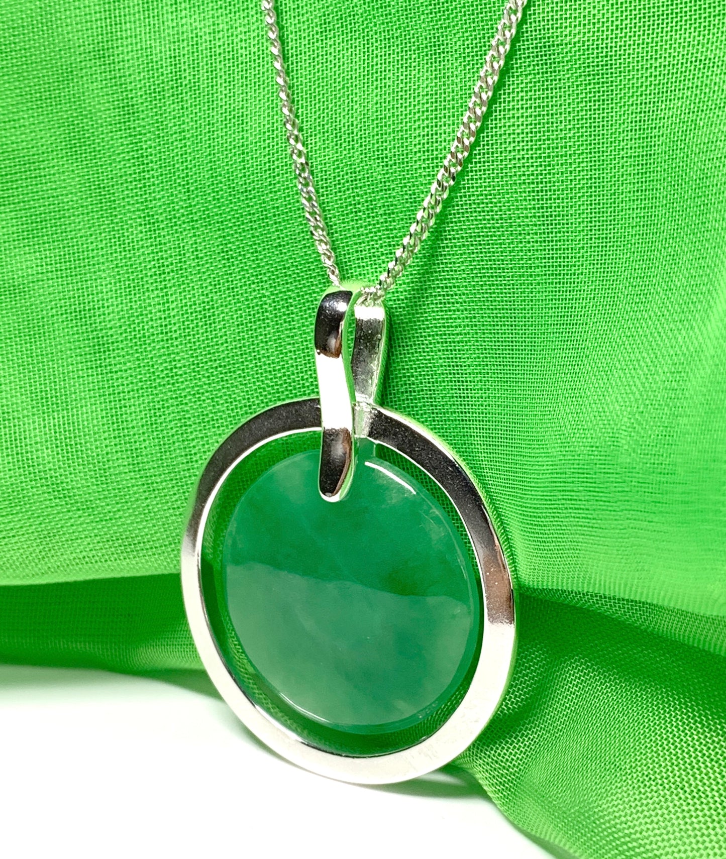 Large real jade pendant necklace sterling silver round shaped green halo designed