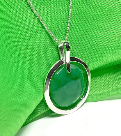 Large real jade pendant necklace sterling silver round shaped green halo designed