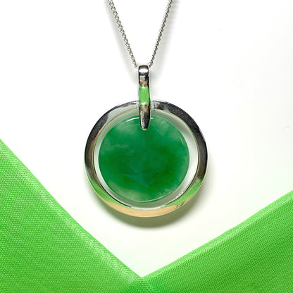 Large real jade pendant necklace sterling silver round shaped green halo designed