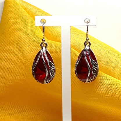 Large red crystal and marcasite pear teardrop earrings