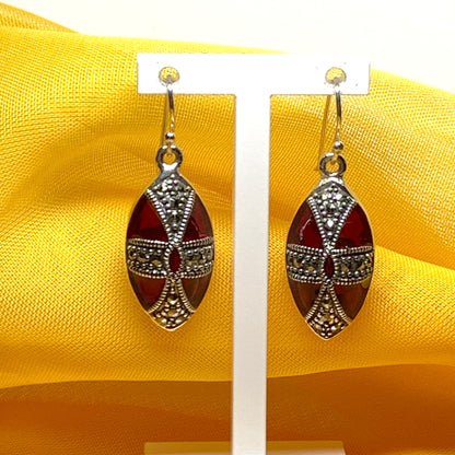 Large red crystal and marcasite teardrop pear drop earrings