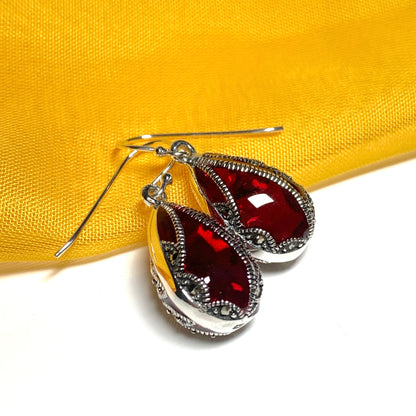 Large red crystal and marcasite pear teardrop earrings