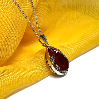 Large red crystal and marcasite pear teardrop necklace