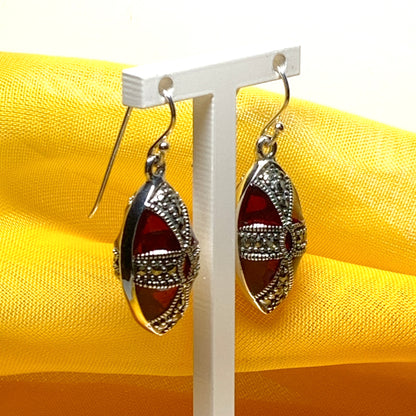 Large red crystal and marcasite teardrop pear drop earrings