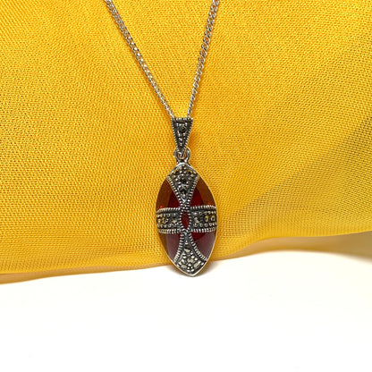 Large red crystal and marcasite teardrop pear necklace