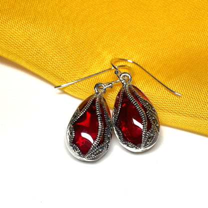 Large red crystal and marcasite pear teardrop earrings